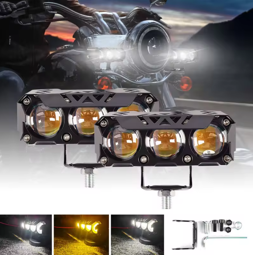 كشاف LED احترافي ثلاثي العدسات للدراجات النارية – إضاءة قوية برؤية بعيدة المدى